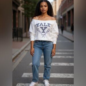 YALE Lacrosse Sweatshirt Oversized Off Shoulder Slouchy Cream Navy Collegiate